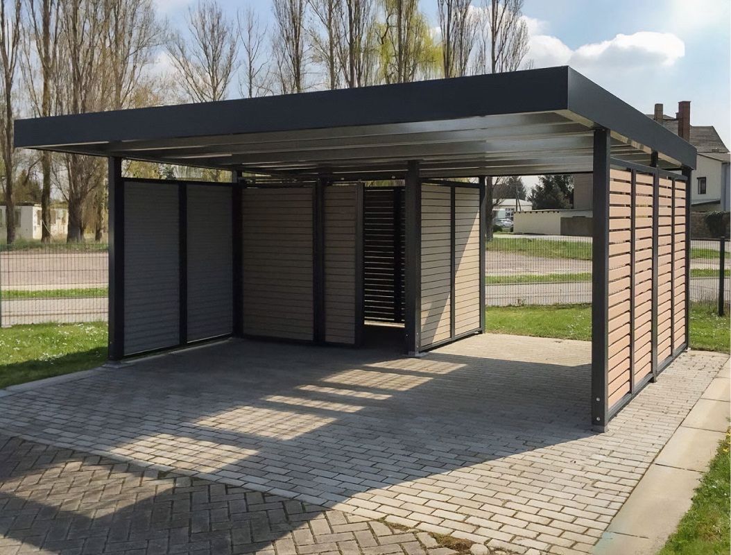 Односкатный автонавес из поликарбоната в стиле хай-тек для автомобиля